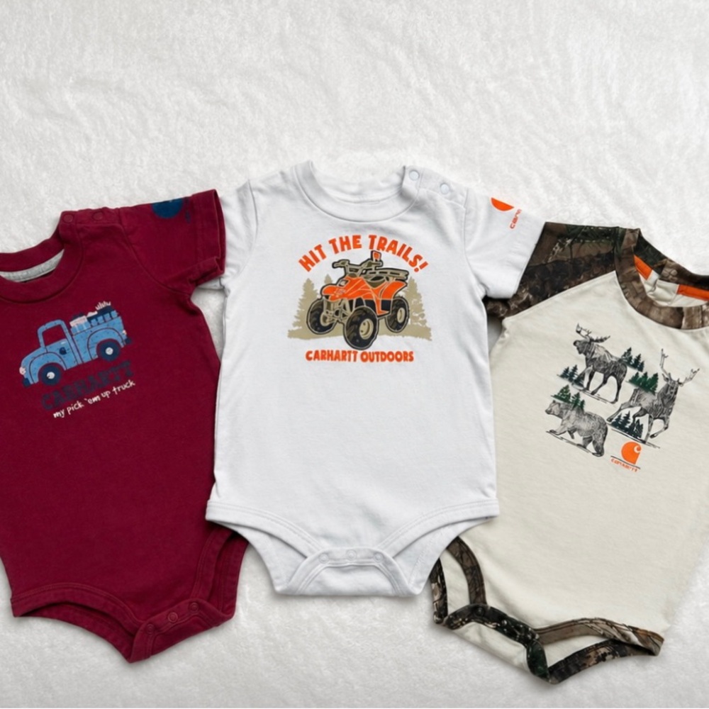 CARHARTT Baby Boy 9M Onesie Bundle | 3 Bodysuits Camo Hunting Truck ATV Outdoor